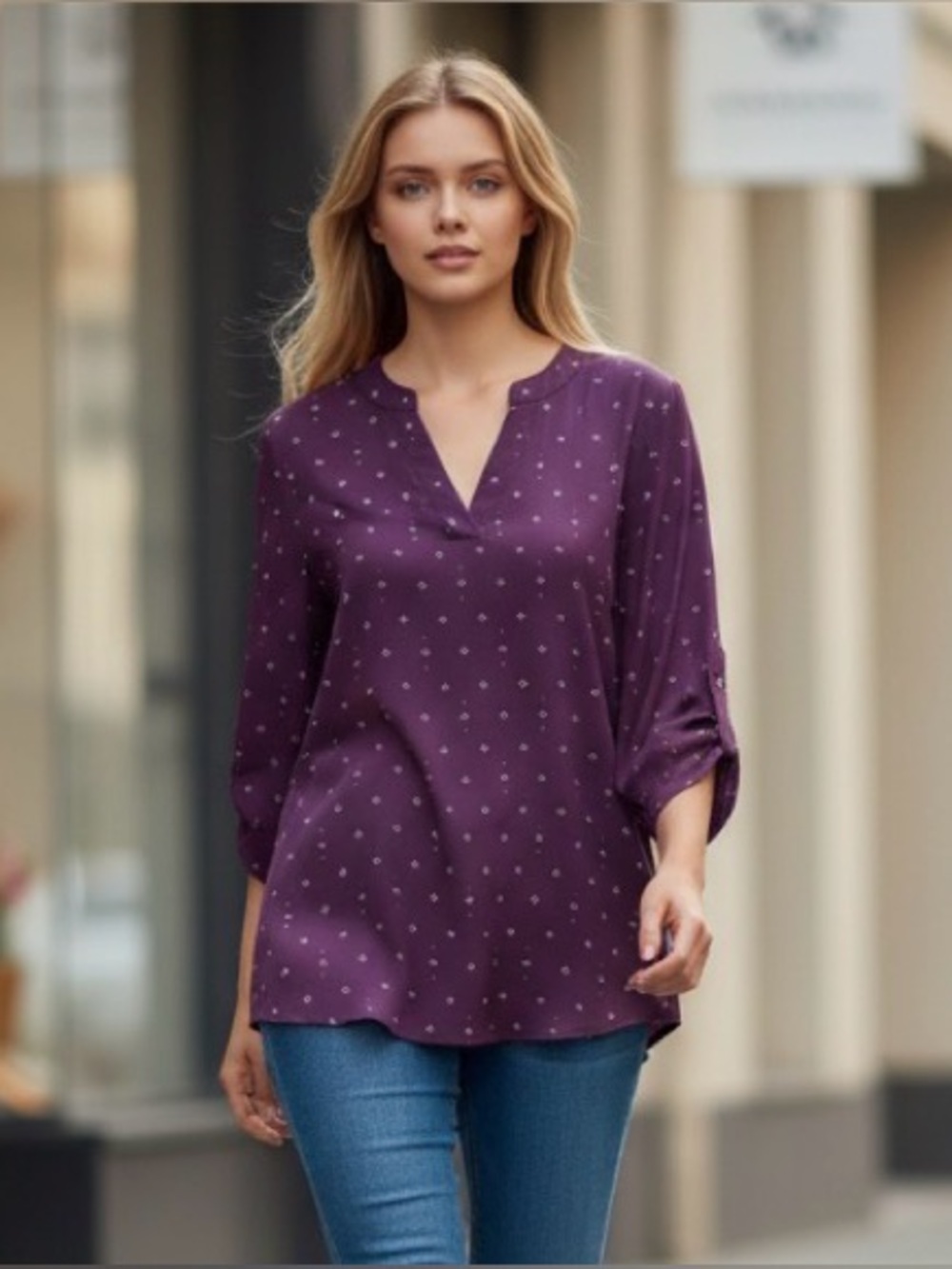 Fortune + Ivy Women’s Split Neck Plum Purple Mixed Media Tunic Blouse Size L